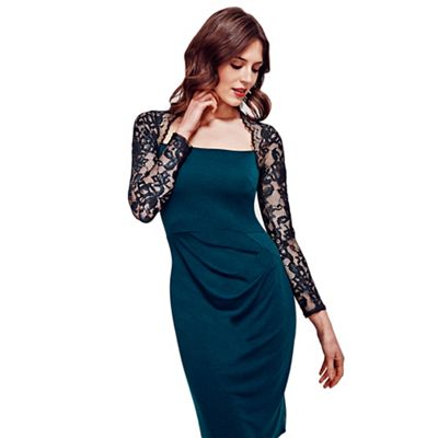 Bottle Green Lace Sleeved Jersey Dress in Clever Fabric